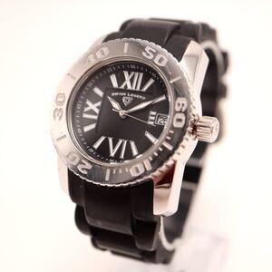 Swiss Legend Commander Black Silver Tone 37mm Dive Watch Silicone w New Battery